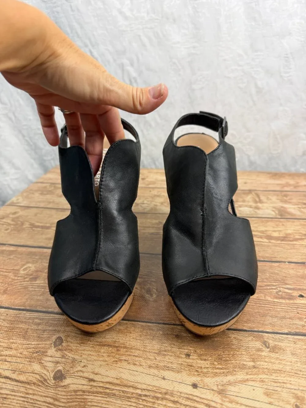 Franco Sarto Women’s Black Leather Peep Toe Cork Wedge Sandals Ankle Strap 10